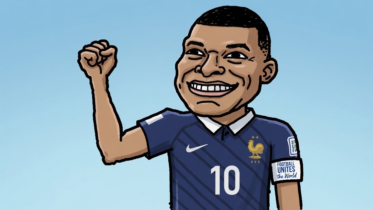 Mbappy cartoon celebrating with a raised fist in a France jersey